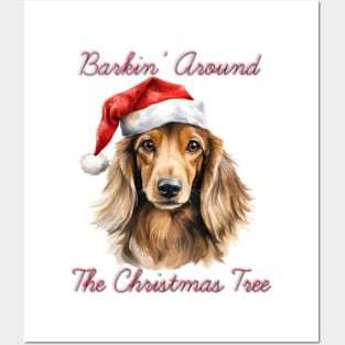 Christmas Longhaired Dachshund Dog in Santa Hat Posters and Art